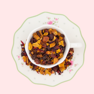Miscela di pezzi di mela, fiori di ibisco rossi, bacche di rosa canina, mandorle e corteccia di cannella