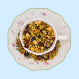 Miscela di pezzi di mela, fiori di camomilla, rosa canina, verbena, fiori d'arancio e di tiglio
