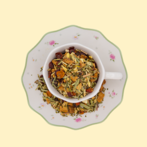 Miscela di mela, foglie di lemongrass e rovo con rosa canina, rizomi di zenzero e scorze di agrumi