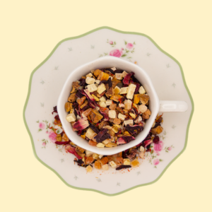 Miscela di cubetti di papaya e mango canditi con mela, ibisco, arilli di melagrana e fiori di cartamo